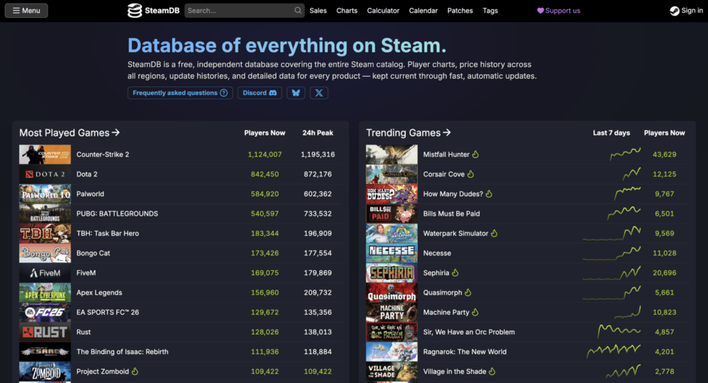 SteamDB for indie game data